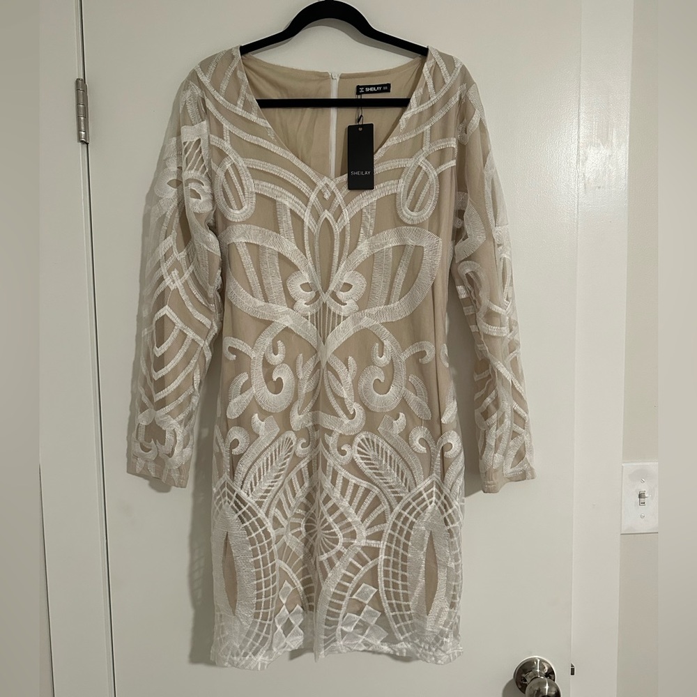 Sheilay JJ’s House Long Sleeve White Beige Lace Mini Shower or Rehearsal Dress